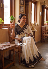 Ivory White - Yamini Paper Silk Saree with Temple Design Prins with Buttas - Workwear Classic