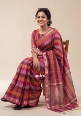 Berry Rose Shades - Maheswari - Premium Lightweigt Cotton Silk with Madrs Checks Body and Zari Line - Best for Casual Wear