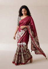 Majestic Maroon - Shalini Premium Kota Silk with Kalahasti Prints - Best for Pooja Functions | Casual Wear