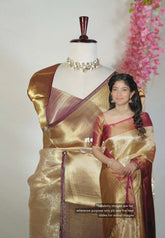 Golden Ivory Sri Lakshmi Premium Semi Silk Saree Inspired by Sai Pallavi with Floral Emboss Weave & Getti Border | Elegant Wedding Wear
