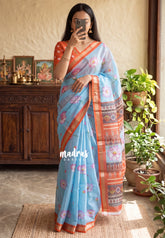 Sky Blue - Shalini Premium Kota Silk with Divine Lotus Prints - Best for Pooja Functions | Casual Wear