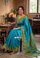 Teal Blue - Yamini Paper Silk Saree with Temple Design Prins with Buttas - Workwear Classic