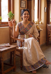 Muted Beige-Zigzag - Yamini Paper Silk Saree with Zigzag Rainbow Pallu, Border and Blouse - Workwear Classic