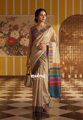 Muted Beige-Stripes - Yamini Paper Silk Saree with Stripes Rainbow Pallu, Border and Blouse - Workwear Classic
