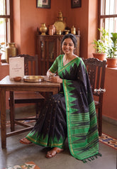 Jet Black - Yamini Paper Silk Saree with Temple Design Prins with Buttas - Workwear Classic