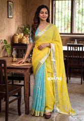 Aqua Blue & Lime Yellow - Pragathi - Linen Cotton Saree Half and Half with Floral Prints and Mangalgiri Border - Best for Small Functions