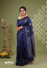 Midnight Blue - Manjari - Raw Silk Saree with Kolam Weaving and Skirt Border - Best for Small Functions / Pooja