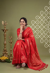 Spicy Red - Manjari - Raw Silk Saree with Kolam Weaving and Skirt Border - Best for Small Functions / Pooja