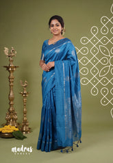 Cobalt Blue Raw Silk Saree with Kolam Weaving & Skirt Border | Manjari | Pooja & Small Functions