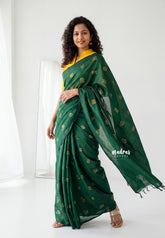 Bottle Green - Aathini - Tamizh Letters Handblock Printed Bamboo Cotton - Double Blouse Combo