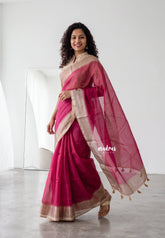 Beet Pink - Shalini Premium Kota Silk Saree Plain with Contrast Border and Blouse - Best for Office Wear | Casual Wear