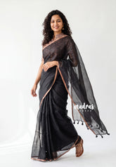 Jet Black - Shalini Premium Kota Silk Saree Plain with Floral Printed Blouse - Best for Office Wear | Casual Wear