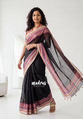 Nightfall Black - Shalini Premium Kota Silk Saree Plain with Multiline Border- Best for Office Wear | Casual Wear
