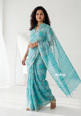Soft Turquoise - Shalini Premium Kota Silk with Flower Prints Checks Pattern - Best for Office Wear | Casual Wear