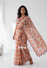 Beige & Orange - Shalini Premium Kota Silk Saree with Checks Pattern - Best for Office Wear | Casual Wear