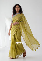 Yellowish Green - Shalini Premium Kota Silk Saree Plain with Floral Printed Blouse - Best for Office Wear | Casual Wear