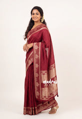 Crimson Maroon - Vadhanam - Jute Tussar Silk Saree Small Thilagam Buttas with Tissue Weaving Kolam Border - Perfect for Diwali Festive