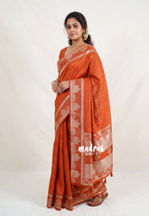 Rust Orange - Vadhanam - Jute Tussar Silk Saree Small Thilagam Buttas with Tissue Weaving Kolam Border - Perfect for Diwali Festive