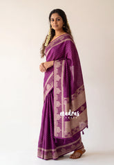 Deep Magenta Purple - Vadhanam - Jute Tussar Silk Saree Small Thilagam Buttas with Tissue Weaving Kolam Border - Perfect for Diwali Festive