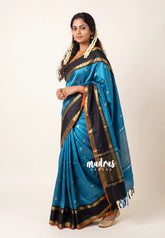 Peacock Blue - Kanimozhi - Soft Silk Saree with Rettapet Rudraksham Border and Buttas - Best for Pooja Functions | Temple Visit