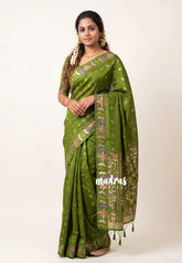 Mehndi Green - Vadhanam - Jute Tussar Silk Saree Colorful Flower Weaving Border with Leaf Buttas - Perfect for Diwali Festive