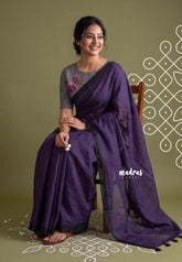 Jamun Purple - Pragathi - Linen Cotton Saree Plain and Stripes with Floral Prints Blouse - Perfect for Office Wear | Summer wear | Casual Wear
