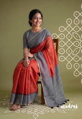 Brick Orange - Pragathi - Linen Cotton Saree Plain with Checks Border, Pallu and Blouse - Perfect for Office Wear | Summer wear | Casual Wear