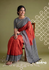 Brick Orange - Pragathi - Linen Cotton Saree Plain with Checks Border, Pallu and Blouse - Perfect for Office Wear | Summer wear | Casual Wear