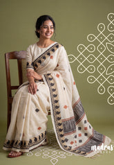 Muted Beige - Pragathi - Linen Cotton Saree Mango Prints Border - Perfect for Office Wear | Summer wear | Casual Wear