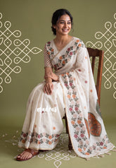 Ivory Beige - Pragathi - Linen Cotton Saree with Floral Printed - Perfect for Office Wear | Summer wear | Casual Wear