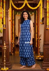 Indigo Blue - Aavani - Pre-washed Hand block Co-Ord Sleeveless Set Perfect for Office Wear | Casual Days | Everyday wear