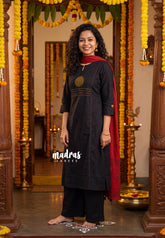 Jet Black – Aavani - Pre-Washed Handspun Cotton Ready-Made Floral Embroidery with Contrast Stitch Detailing 3pcs set for Women – Perfect for Office & Everyday Wear