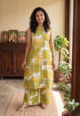 Beige & Green Shade - Aavani - Pre-washed Hand block Co-Ord Sleeveless Set Perfect for Office Wear | Casual Days | Everyday wear