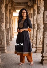 Midnight Black - Aavani - Narayanpet Cotton Anarkali Salwar Suit with Thread Weaving Yoke and Border