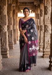 Grey & Black - Sico Gadwal Semi Silk Horizontal Stripes Saree with Contrast Pallu and Blouse - Best for Diwali Functions | Temple Visit