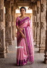 Lotus Pink - Sico Gadwal Semi Silk Checks with Buttas and Rettapet Border - Best for Diwali Functions | Temple Visit