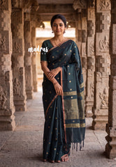 Midnight Green - Kanimozhi - Premium Soft Silk with Tiny Border and Buttas - Best for Pooja Functions