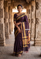 Dual Shade Dark Chocolate Brown - Kanimozhi - Premium Soft Silk with Rudraksham, Mango Border and Buttas - Best for Wedding Functions