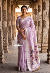 Creamy Lavender - Soft Muslin Silk Saree with Paithani Weaving Pallu and Border - Best for Festive Celebrations | Casual Wear