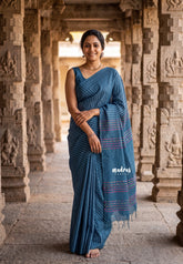 Dark Teal - Khadi Silk Saree with Stripes Weaving - Best for Office Wear | Casual Wear