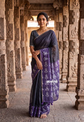 Nightfall Black & Purple - Pragathi - Linen Cotton Saree Plain and Contrast Border and Pallu - Perfect for Office Wear | Summer wear | Casual Wear