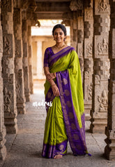 Pretty Parrot Green - Soft and Silky Georgette with Emboss Weaving with Tree Border - Best for Temple Visit