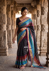 Black with Rainbow - Kanimozhi - Premium Soft Silk Horizontal Striples with Rainbow Border - Best for Festive Wear