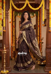 Coffee Brown - Avantika - Semi Mysore Silk Saree with Checks Weaving Gap and Mayil Border - Perfect for Small Functions