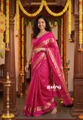 Queen's Pink - Avantika - Semi Mysore Silk Saree with Checks Weaving Gap and Mayil Border - Perfect for Small Functions