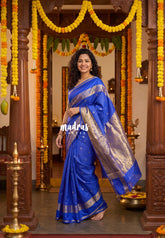 Royal Blue - Avantika - Semi Mysore Silk Saree with Checks Weaving Gap and Mayil Border - Perfect for Small Functions