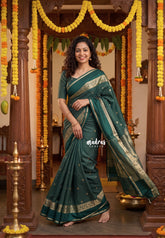 Emerald Green - Avantika - Semi Mysore Silk Saree with Checks Weaving Gap and Mayil Border - Perfect for Small Functions