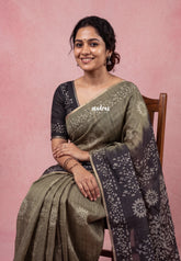 Olive Tone - Pragathi - Linen Cotton Saree with Batik Prints Contrast Pallu and Blouse - Perfect for Office Wear | Casual Wear