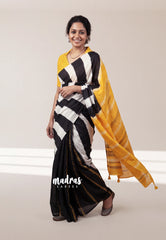 Black & White - Malgudi Printed Silk Saree with Partly Pallu and Contrast Blouse - Best for Office Wear | Casual Wear