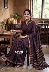 Dark Chocolate Brown - Avantika - Semi Mysore Silk Saree with Small Mango Border - Perfect for Small Functions